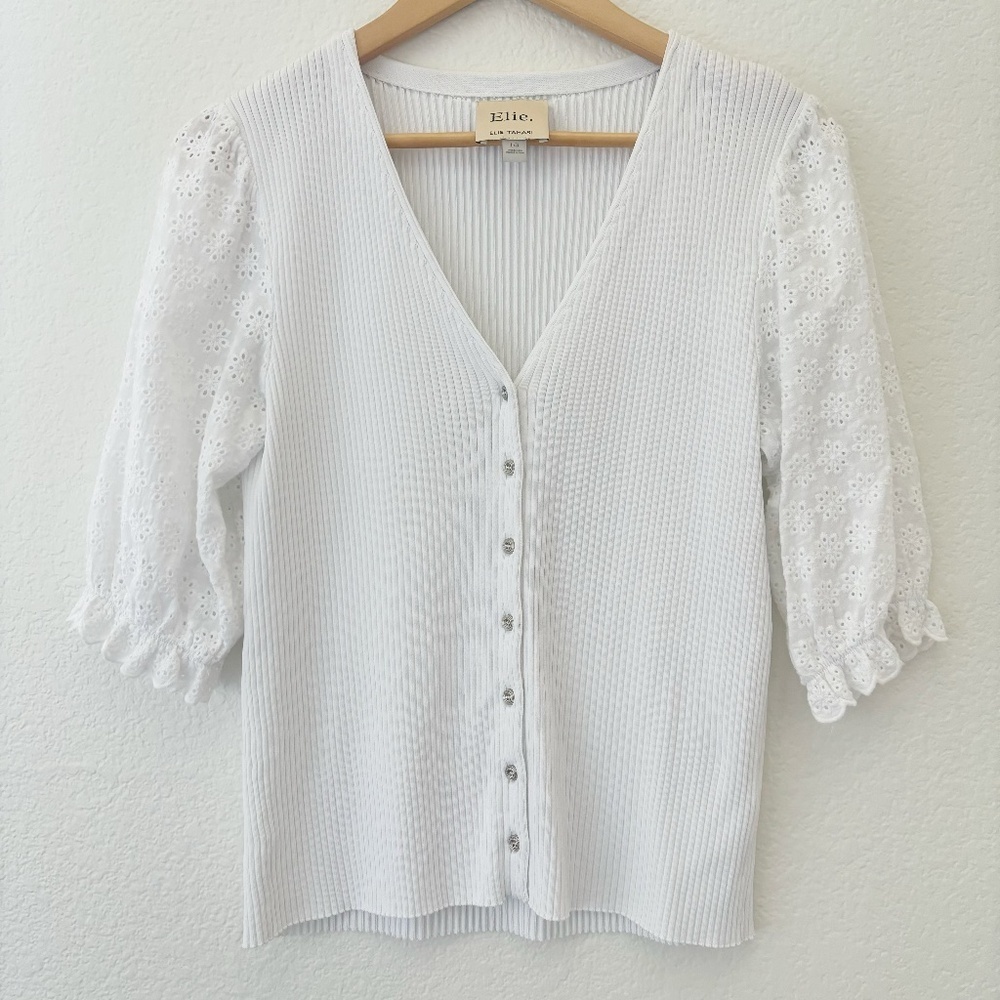 Elie. Elie Tahari white ribbed button‎ down eyelet sleeve top Size Large